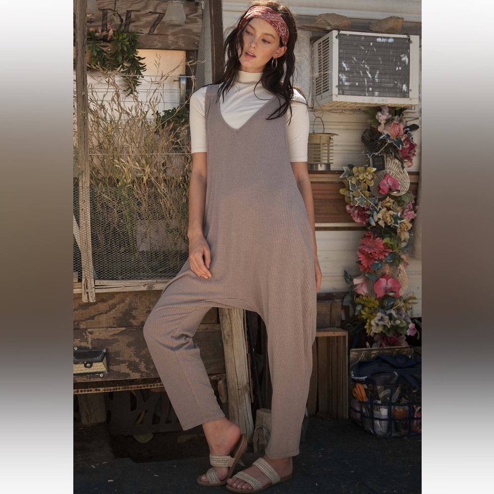 Solid Banded Stap Ribbed Harem Jumpsuit